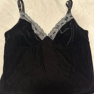 Moda International Black Velvet Cami with Gray Lace Trim made in USA vintage